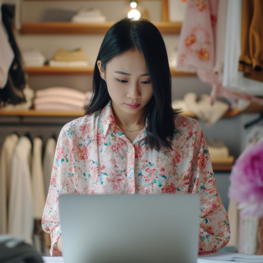 Portrait of Beautiful Stylish Asian Woman Using Laptop Computer to Take Notes on her Fashion Project. Small Clothes E-store Business Owner Checking Details of Orders Online